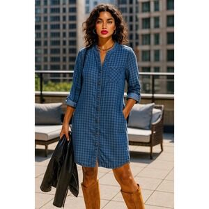 J Jill Womens Denim Dress Medium Petite Blue Gingham Checkered Button Front